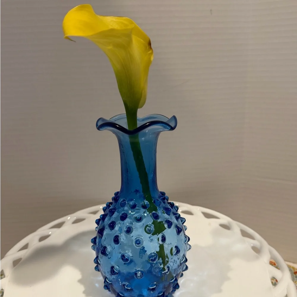 Blue Hobnail Glass Vase Italian Empoli vintage MCM 7”